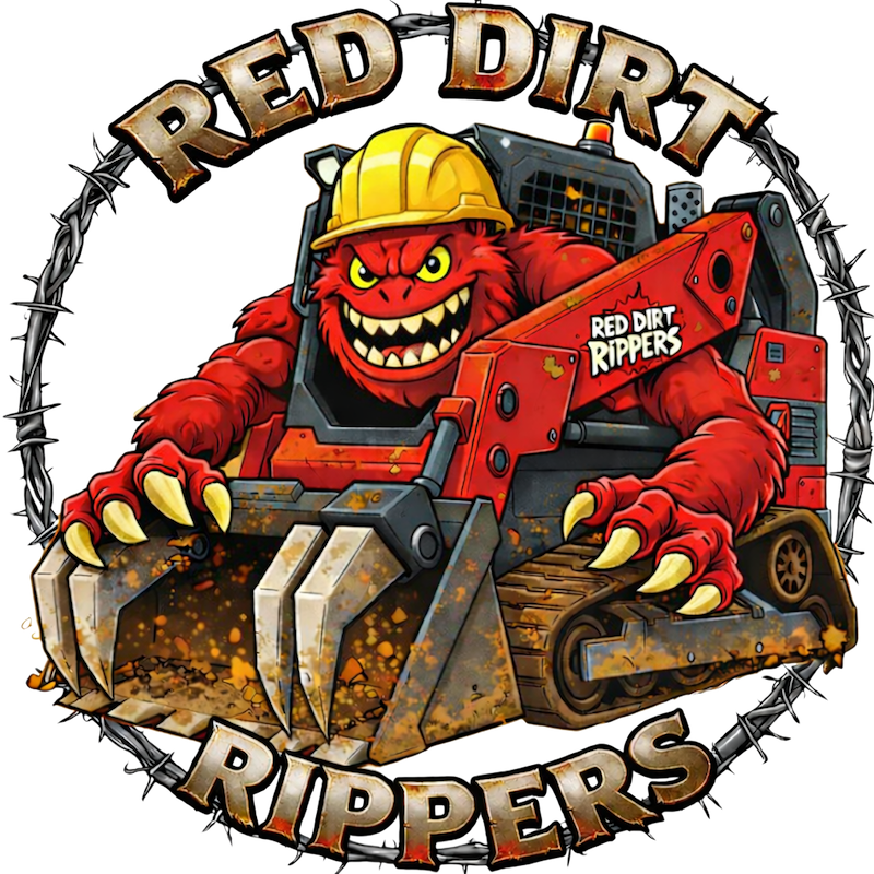 A red, grinning monster wearing a yellow hard hat drives a bulldozer labeled Red Dirt Rippers, surrounded by a barbed wire circle. The text Red Dirt Rippers appears at the top and bottom. -Red Dirt Rippers